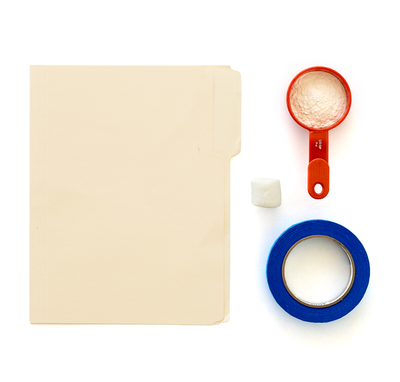 A picture of the materials required, a carboard folder, a marshmallow, a roll of tape, and a cup of flour.